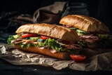 Two Fresh submarine sandwiches. Long sandwich. Fresh bread sandwich with ham, lettuce and tomato. generative ai
