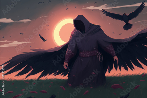 Raven wizard casting enchantment in the enigmatic meadow during solar eclipse Fantasy concept   Illustration painting. Generative AI