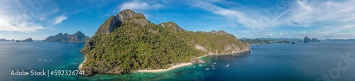 Drone panorama of the paradisiacal Seven Commandos beach near El Nido on the Philippine island of Palawan © Aquarius
