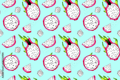 Fresh pitaya slice wallpaper. Sweet beautiful dragon fruit pattern. Colorful tropical seamless fabric design. Organic pitahaya ingridient.