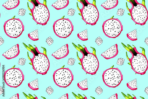 Fresh pitaya slice wallpaper. Sweet beautiful dragon fruit pattern. Colorful tropical seamless fabric design. Organic pitahaya ingridient.