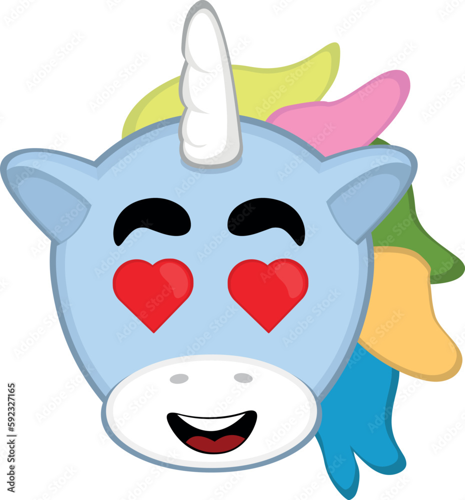 vector illustration face of a cartoon unicorn in love, with a happy expression and eyes in the shape of hearts vector illustration face of a cartoon unicorn in love, with a happy expression and eyes in the shape of hearts