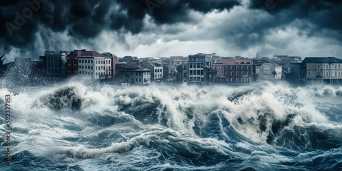 A tsunami hit a seaside town. Apocalyptic dramatic background, giant tsunami waves, dark stormy sky, Tornado. Huge waves Tsunami Big waves. digital art