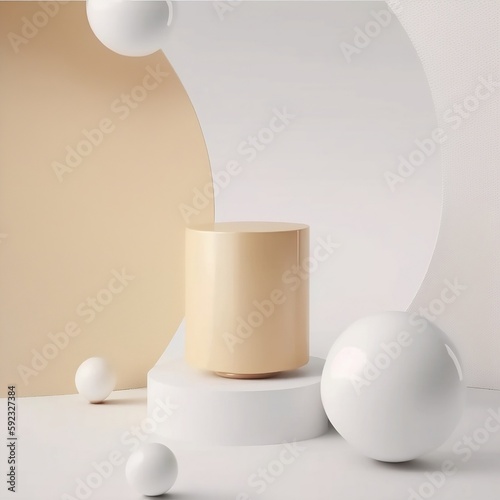 3D white pedestal podium on white studio background, Abstract Beige copper and white ball, Showcase display for product placement, 3D rendering, Created using generative AI