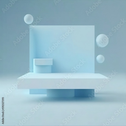 3D blue podium, pastel blue background, Art deco steps and geometric shapes, beauty product display mockup, Studio, abstract advertisement,3D rendering, Created using generative AI