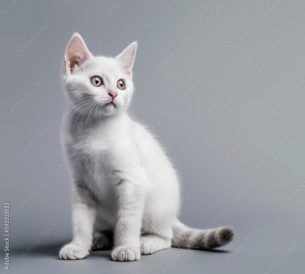 Cute cat, a white kitten posing in a studio against a gray background. Generative AI