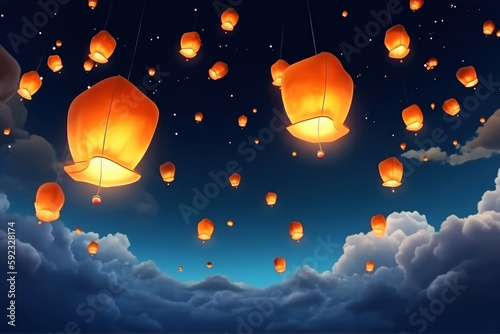 Glowing Chinese lanterns soaring through nighttime sky  Generative AI