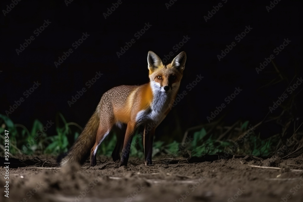 Fototapeta premium Fox preparing to hunt at night on a farm, Generative AI