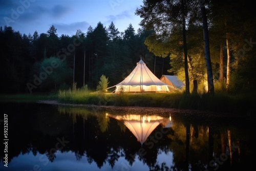 Stylish glamping tent nestled by a lake in a forest, Generative AI © Photocreo Bednarek