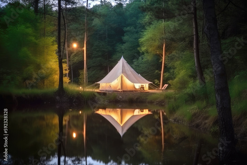 Stylish glamping tent nestled by a lake in a forest  Generative AI