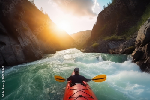 Extreme kayaking down the wild river in mountains at sunset, Generative AI
