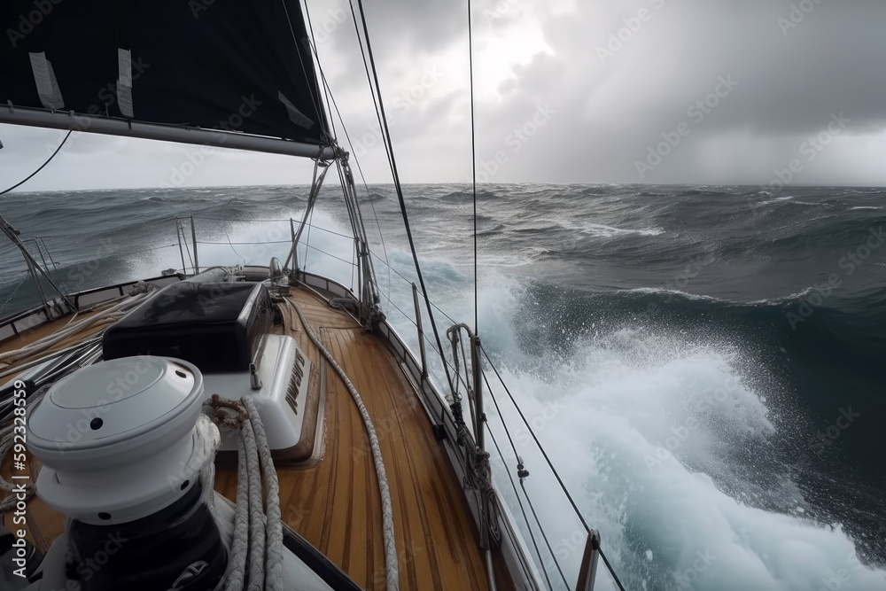 Obraz premium Sailing a sailboat or yacht on ocean during extreme storm with big waves, POV. Generative AI
