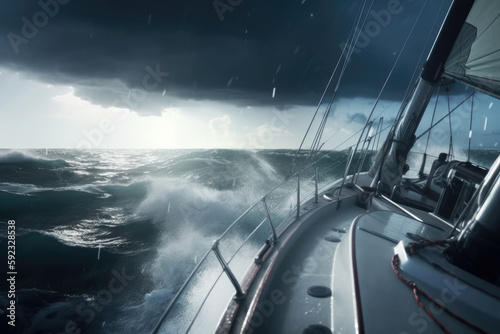 Sailing a sailboat or yacht on ocean during extreme storm with big waves, POV. Generative AI