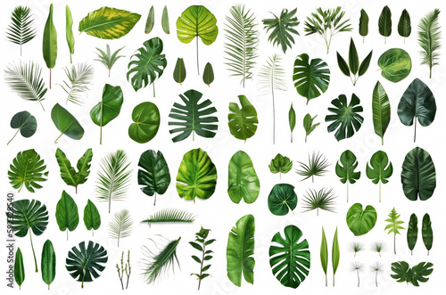 Tropical green leaves collection isolated on white background. Generative AI