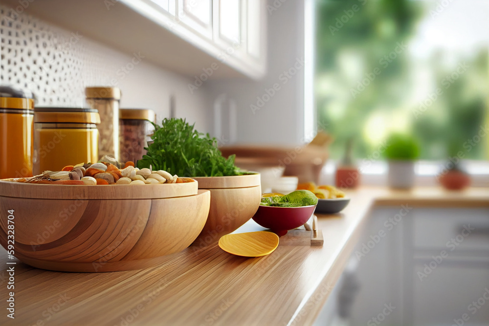 Wood table top on blur kitchen counter background