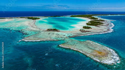 Aerial of the Blue Lagoon, Rangiroa atoll, Tuamotus, French Polynesia, South Pacific photo