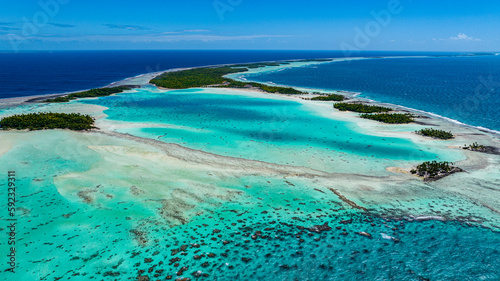 Aerial of the Blue Lagoon, Rangiroa atoll, Tuamotus, French Polynesia, South Pacific