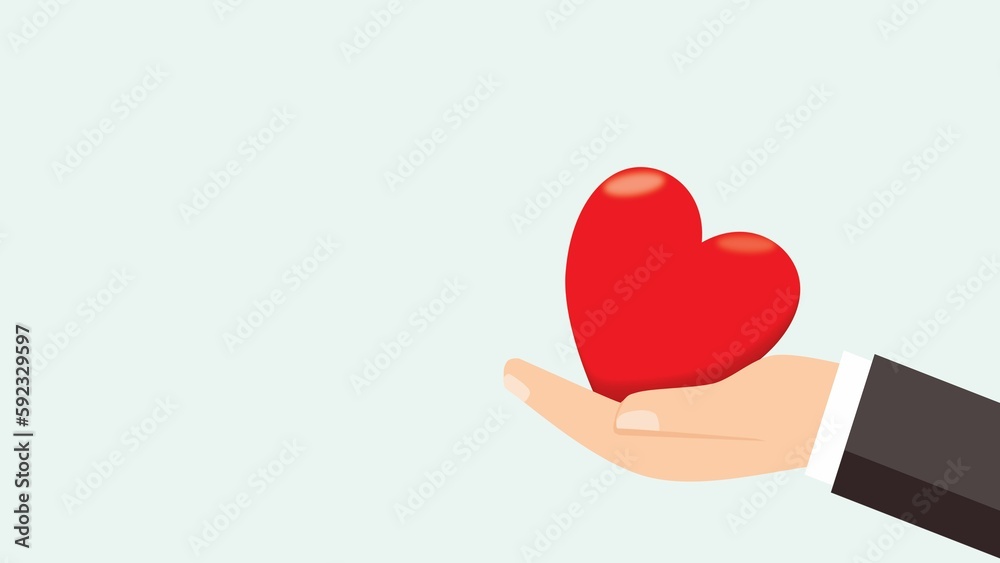 Illustration of a red heart in a hand isolated on a light green background Illustration of a red heart in a hand isolated on a light green background