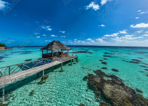 Aerial of sundeck over the lagoon of Fakarava, Tuamotu archipelago, French Polynesia, South Pacific