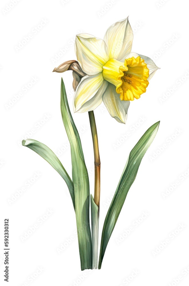 Narcissus flower isolated on white background. Watercolor illustration of a beautiful daffodil. Generative AI.