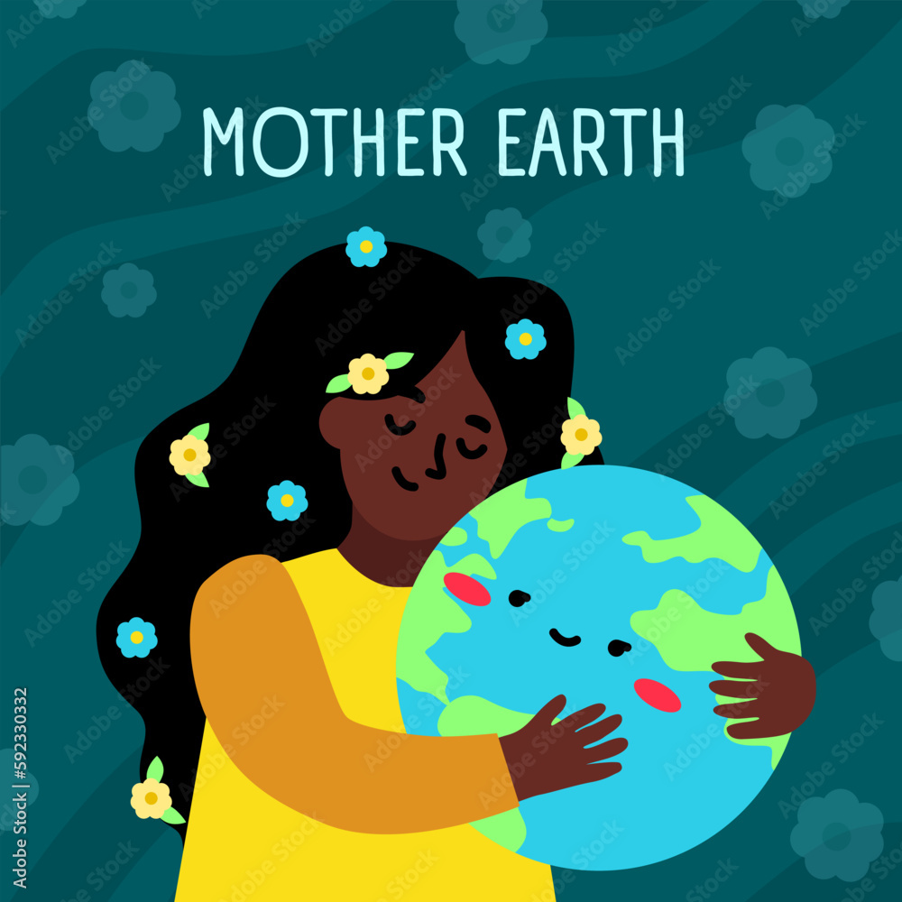 Naklejka premium Happy Earth day. Cute girl hugs our planet. Global green illustration. Ecology card about environmental problem and protect