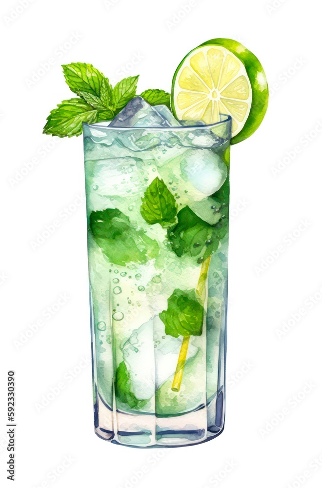 © Hanna - Watercolor illustration of a mojito cocktail isolated on white background. Glass of water with lime and mint. Generative AI. © Hanna - Watercolor illustration of a mojito cocktail isolated on white background. Glass of water with lime and mint. Generative AI.