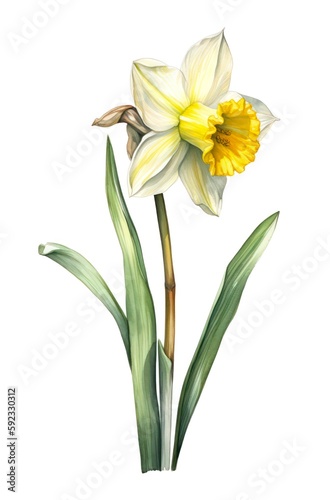 Narcissus flower isolated on white background. Watercolor illustration of a beautiful daffodil. Generative AI.