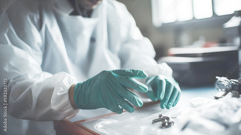 Doctor or surgeon with gloves preparing medical equipment for an operation. Concept of health and medicine. Generative ai. Doctor or surgeon with gloves preparing medical equipment for an operation. Concept of health and medicine. Generative ai.