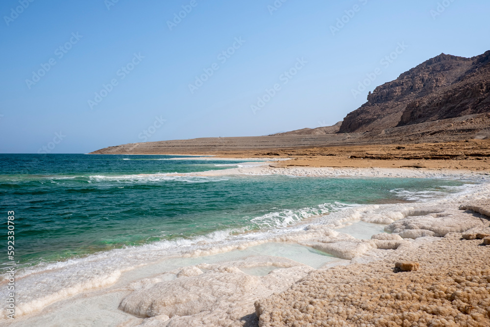 Beach with salt crystalized formation and turquoise water, The Dead Sea, Jordan, Middle East Beach with salt crystalized formation and turquoise water, The Dead Sea, Jordan, Middle East