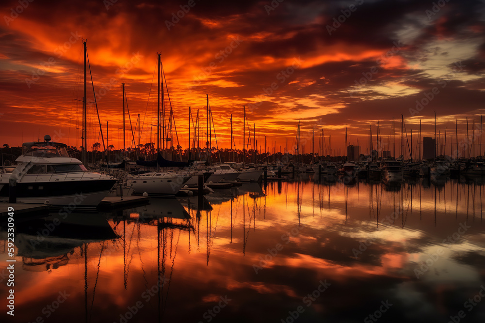 Boats at pier during red sunset. Serene and peaceful scenery. Generative AI