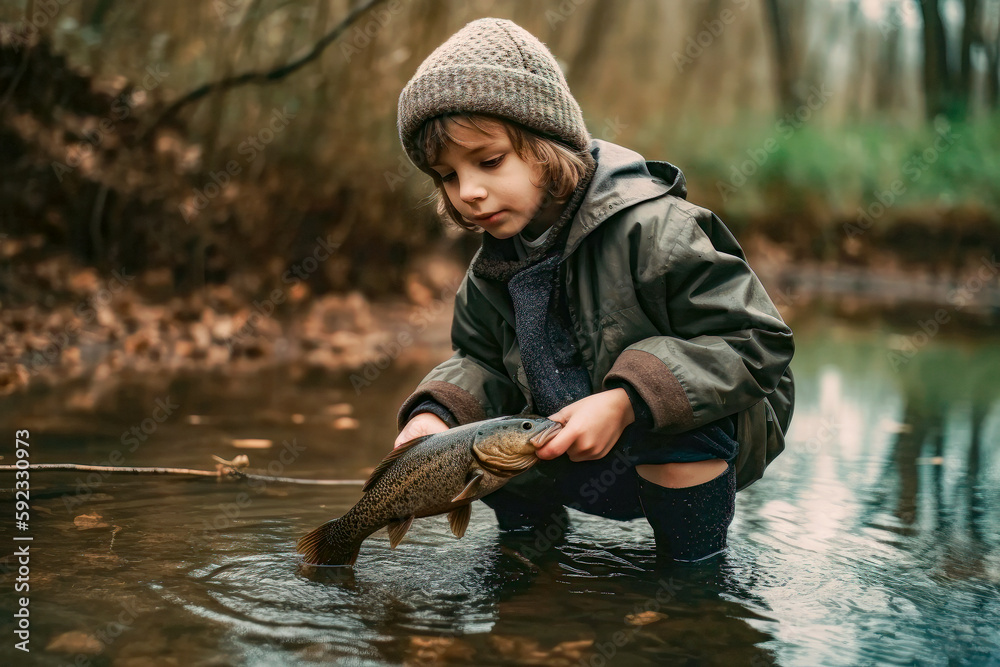 little boy catches, holding a trout fish from a stream with a fishing rod, kids  fishing adventure, Generative AI Stock Illustration
