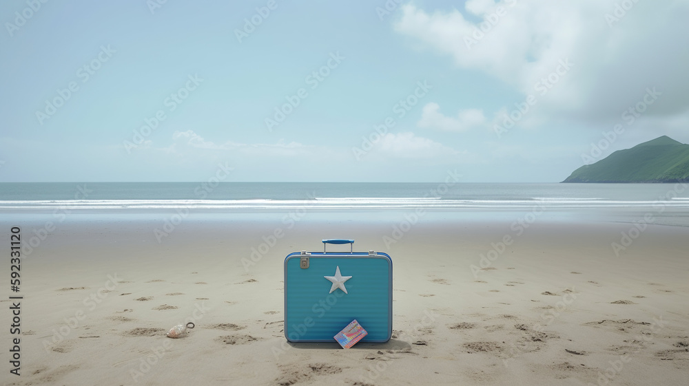 Luggage with star on sandy beach, copy space. Generative AI Luggage with star on sandy beach, copy space. Generative AI
