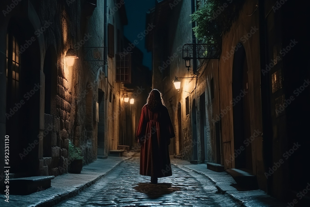 Silhouette of girl walking in the street of ancient medieval city at night. Generative AI Silhouette of girl walking in the street of ancient medieval city at night. Generative AI