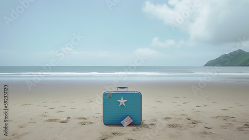Luggage with star on sandy beach, copy space. Generative AI