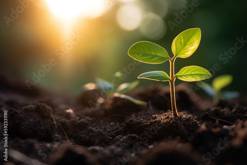 Green plant sprouts in soil, symbolizing growth and life. Generative AI