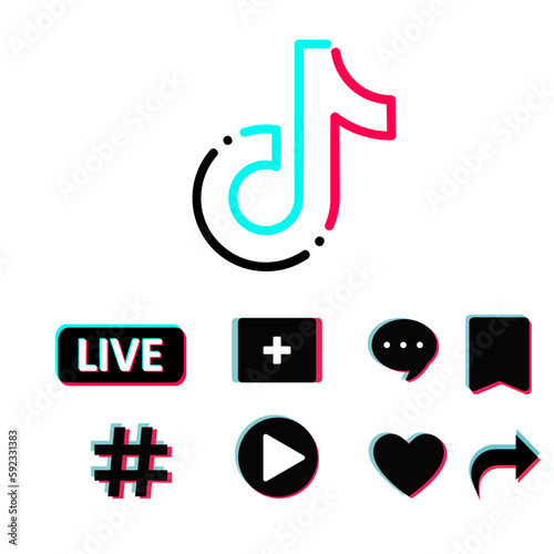 set of icons tik tok , comment, shared, love, like, hastag, play video, illustration 
