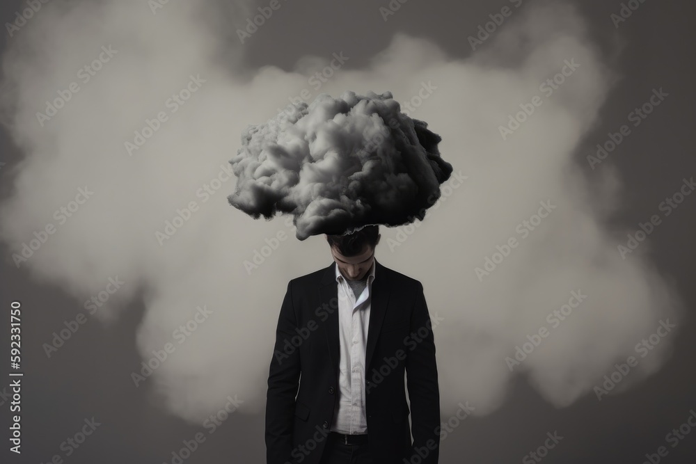 Man in a business suit with storm cloud over his head, generative ai Man in a business suit with storm cloud over his head, generative ai
