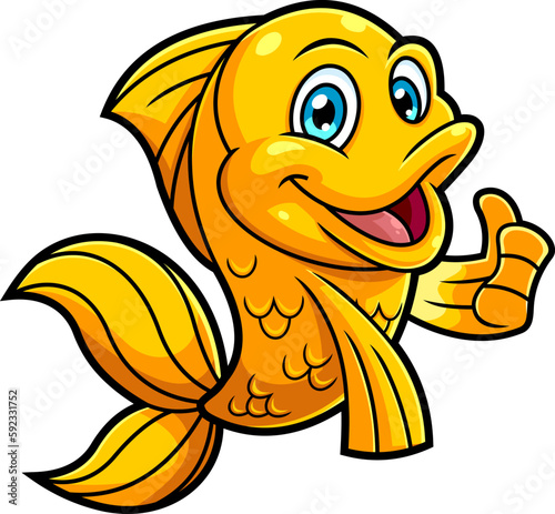 Cute Gold Fish Cartoon Character Showing Thumbs Up. Vector Hand Drawn Illustration Isolated On Transparent Background