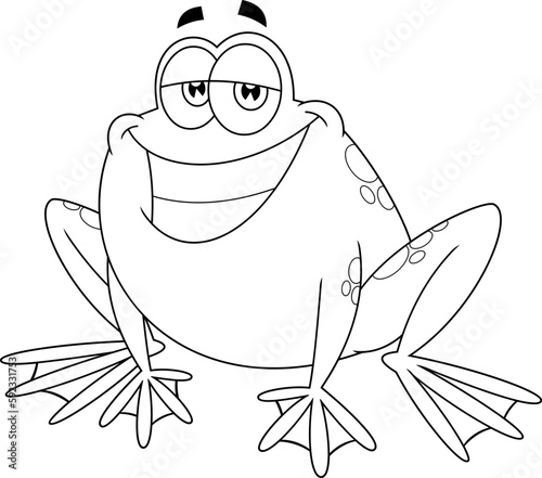 Outlined Smiling Frog Cartoon Character. Vector Hand Drawn Illustration Isolated On Transparent Background