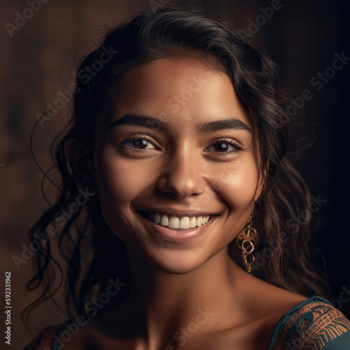 Young beautiful woman smiling while looking at camera isolated background. Generative AI photo