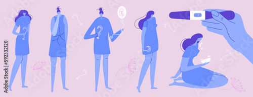 The set of women have problem with infertility, no pregnancy. The hand holds negative pregnant test. It is grief and sad. Illustration good for medical clinic poster or UI UX design apps.