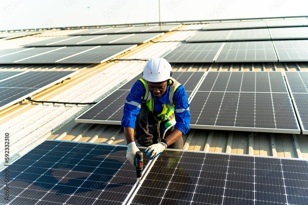 Team electrician installing solar panels working on alternative energy sources clean. Team electrician installing solar panels working on alternative energy sources clean.