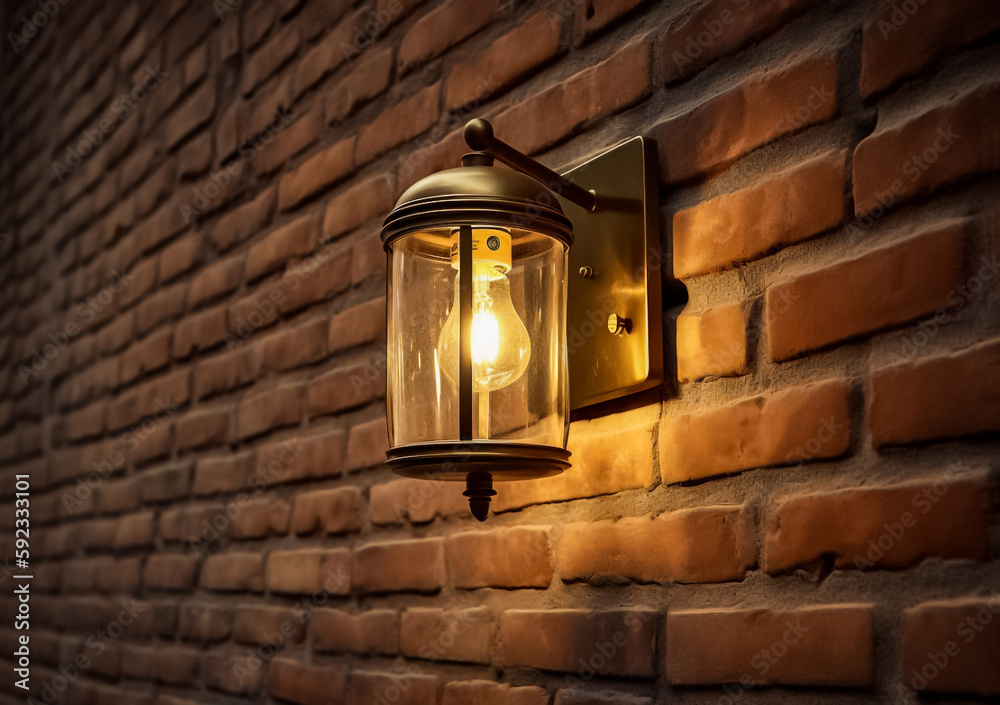 a brick wall with an outdoor lamp fixture tungsten warm light in the night time. generative AI.