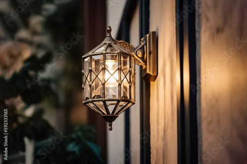 Luxury vintage outdoor light fixture against a wall, with warm tangsten light. genrative AI.