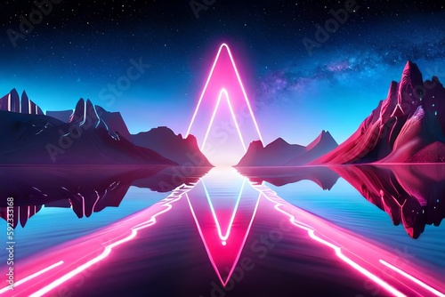 3d render, abstract neon background with glowing laser ring, crystals under the starry night sky and reflection in the water. Fantasy cosmic landscape