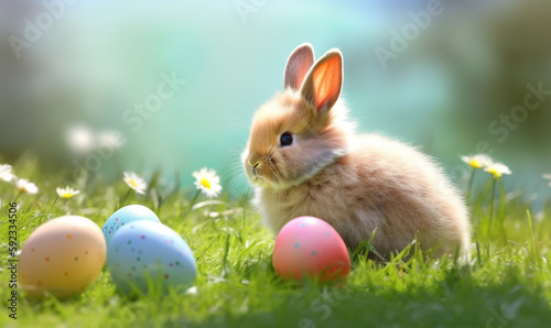 Small , baby cute rabbit in easter basket with fluffy fur and easter eggs in the fresh green spring landscape. Easter poster and banner template with Easter eggs. Generative AI.