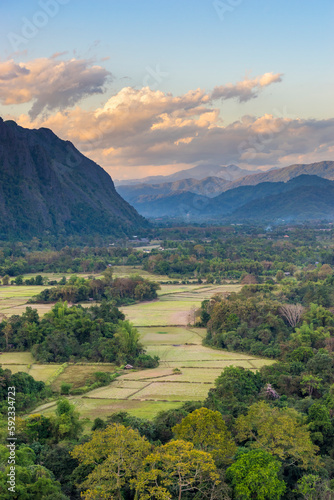 Mountainous landscape and farmland around Vang Vieng, Laos, Indochina, Southeast Asia photo