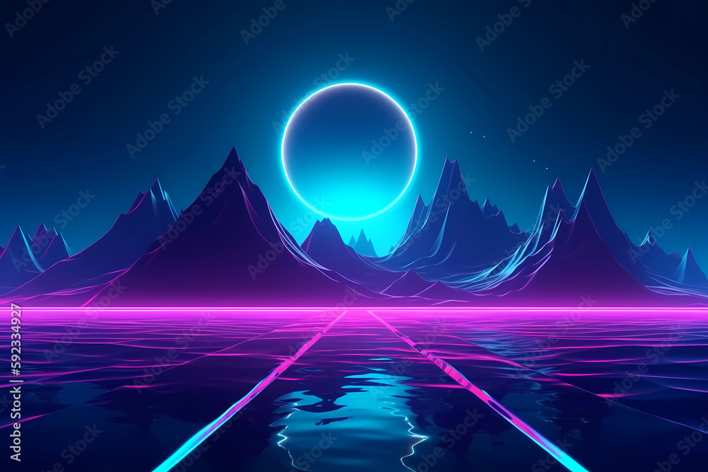 3d render, abstract cyberpunk bountain water background with neon lights 
