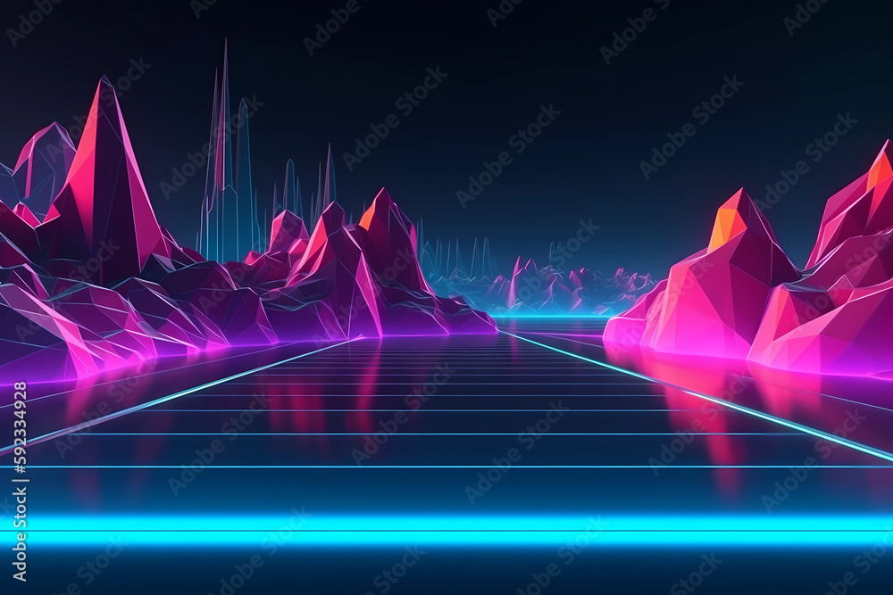 3d render, abstract neon background with glowing geometric shapes and seascape, terrain mountain view, 3d render, abstract neon background with glowing geometric shapes and seascape, terrain mountain view,