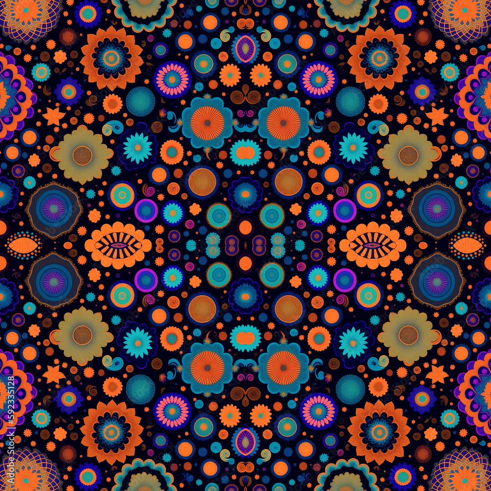 Wallpaper of floral and circles pattern for repeat duplicates with flips mirror. Pattern of colorful flowers hippie with texture abstract in black background. Repeat for background Generative ai.